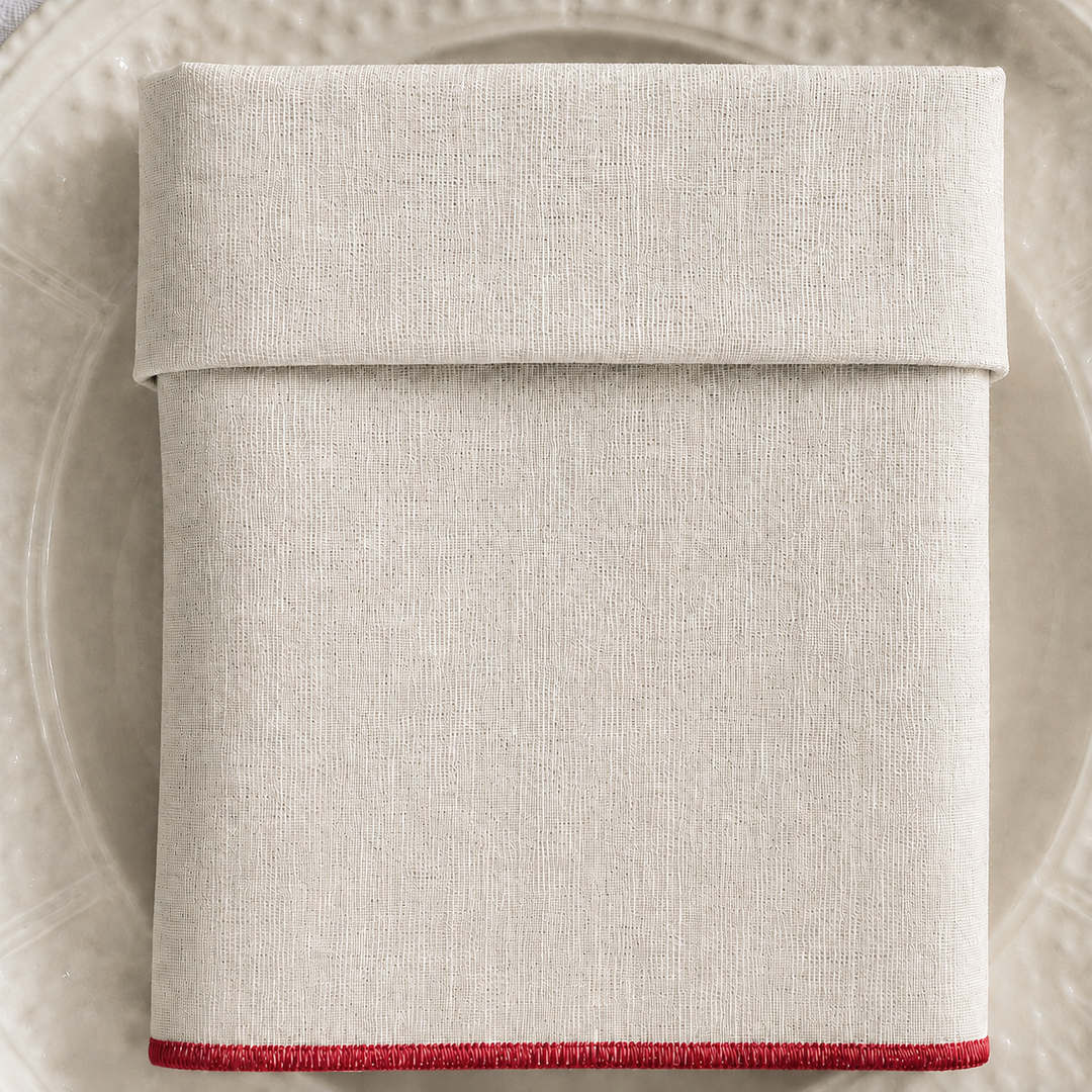 Servilleta de Lino Piedra con Festón Rojo